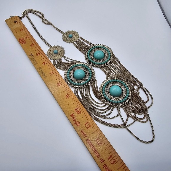 Gold Tone and Blue Statement Necklace Dangling Chains Fashion Boho Festival‎ - Picture 7 of 8